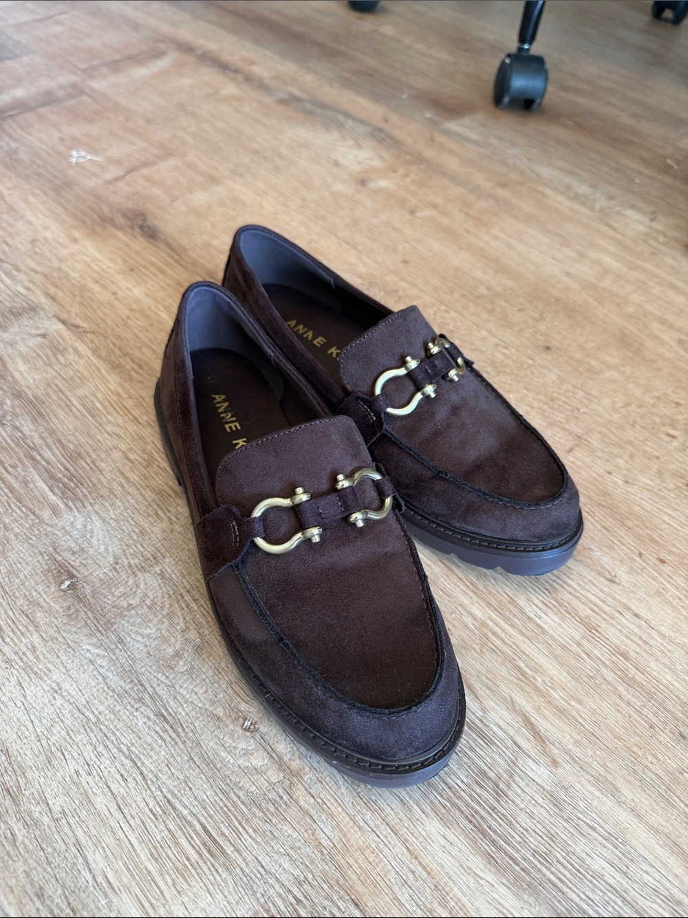 Anne Klein Dark Brown Suede Loafers with Gold Horsebit